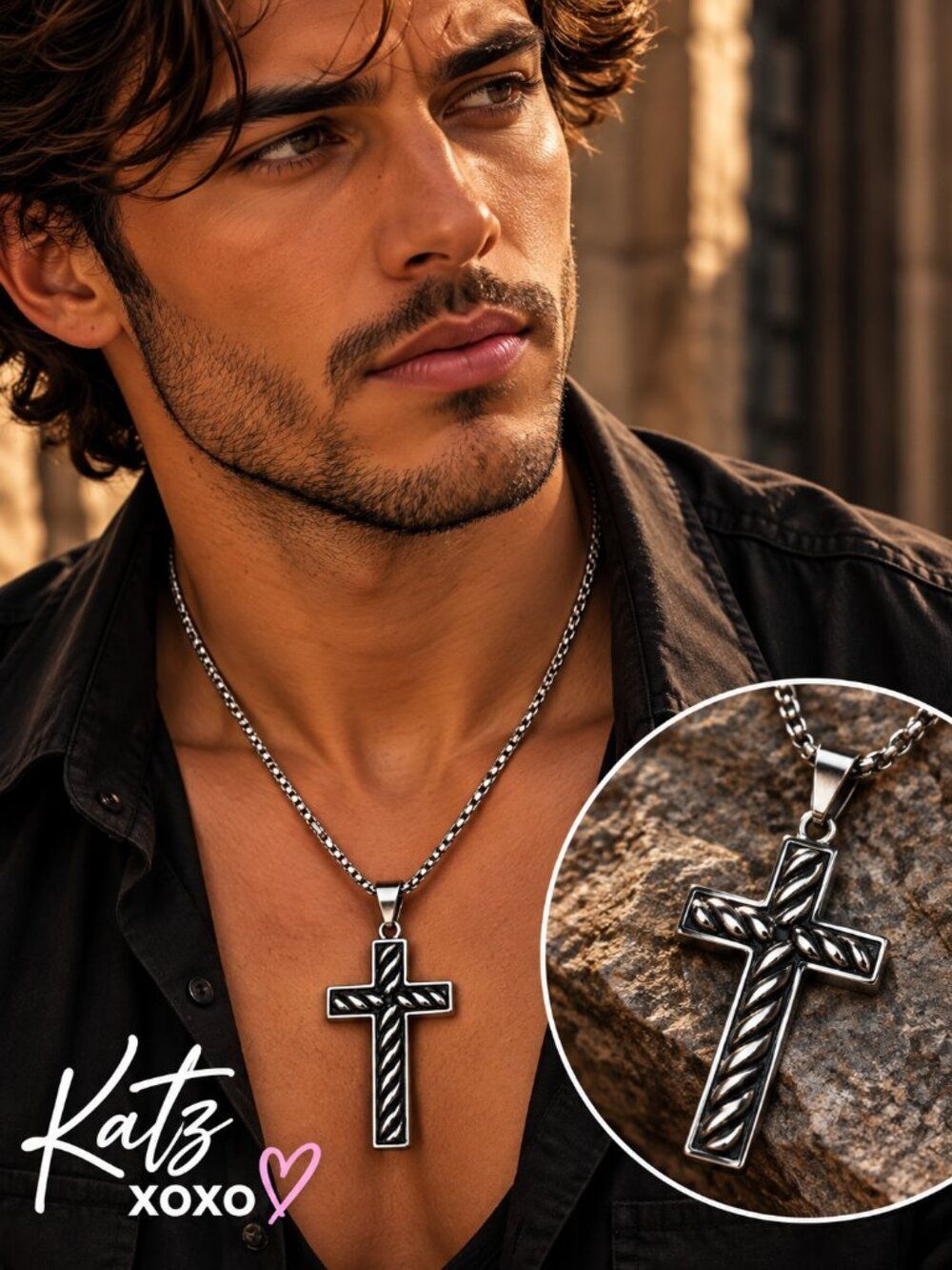 Silver Rope Cross Necklace Stainless Steel 24" Box Chain Christian Mens Jewelry